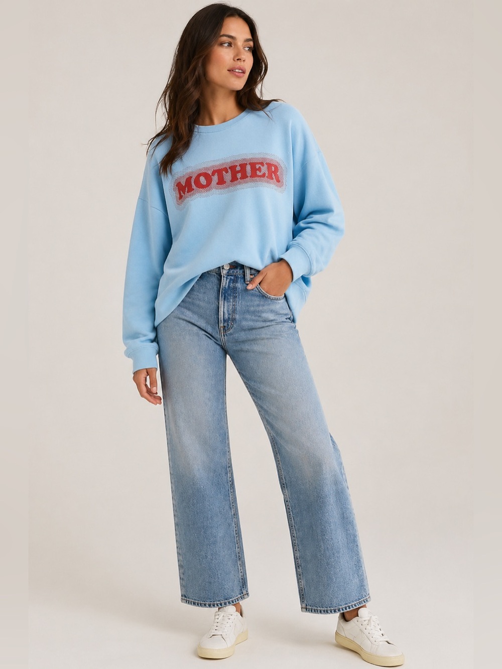 MOTHER The Drop Square Sweatshirt Blue Red Logo Size Small